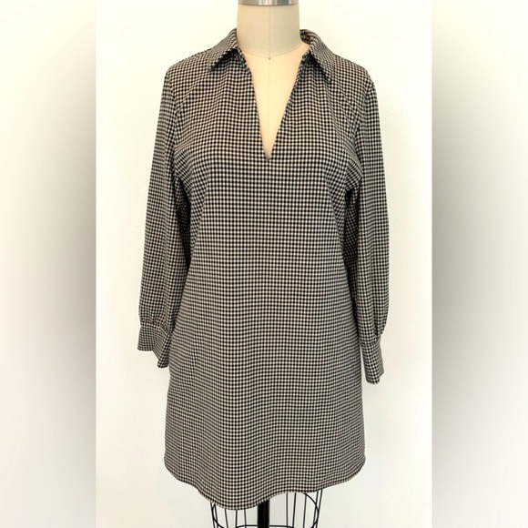 Zara M NWT Black & Cream Gingham Split Collar Minimalist Mini Dress - Picture 1 of 8
